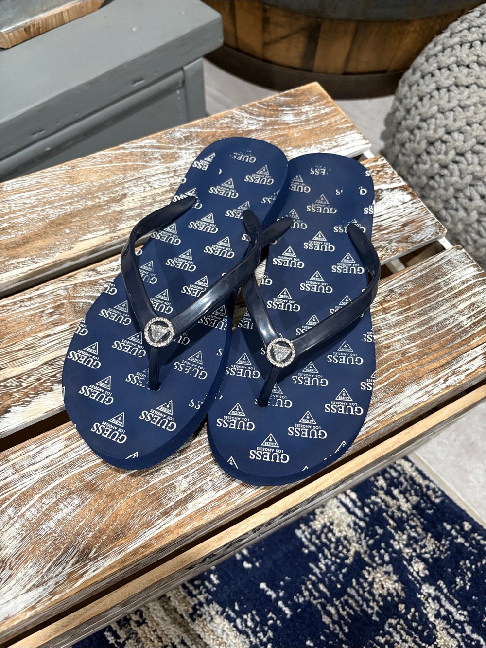 Guess Navy Logo Flip Flops with Crystal  Accent